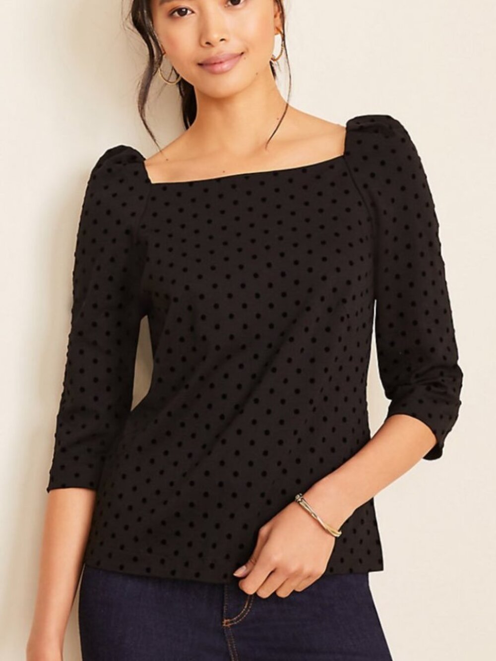 Ann Taylor Dot Puff Sleeve Top XS black